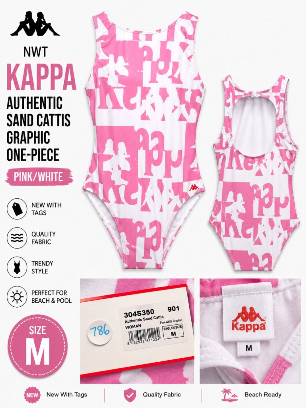 NWT Kappa Sand Cattis Graphic One Piece Pink White Size M